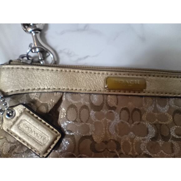 COACH Vintage Gold/Silver Shimmer Logo Canvas Tan Wristlet - EUC - Picture 3 of 4